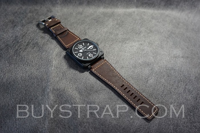 2023 VINTAGE CARBON BROWN COLOR BELL ROSS BR-X1 - BR 01 - BR 03 STAMPED AMPERSAND MOTIF CALFSKIN STRAP