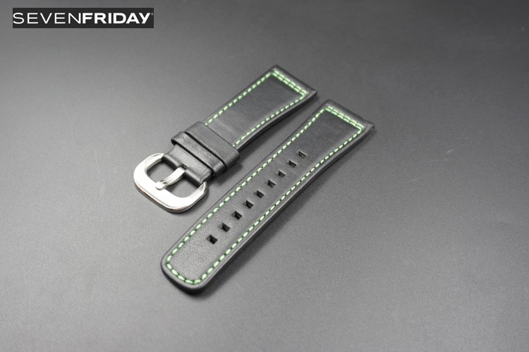 Handmade Black Calf Leather Strap Band With Green Stitching For Sevenfriday P1|P2|P3|M1|M2 Watches With Pin Buckle