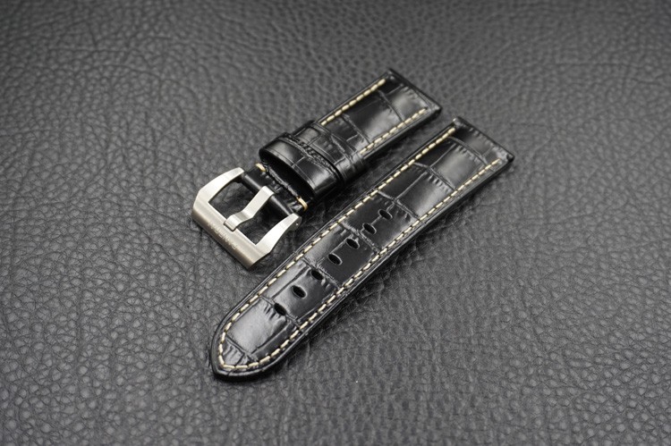 Crocodile Pattern Italian Cow Leather Super Quality 24mm OEM Black Tang Buckle Strap Band for Panerai PAM01312 PAM 00359 PAM00441 and Other All 44mm Cases