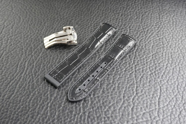 20x18 OEM Black Leather Surface With Black Stitch Deployment Buckle Rubber Strap Band For Omega Seamaster Planet Ocean