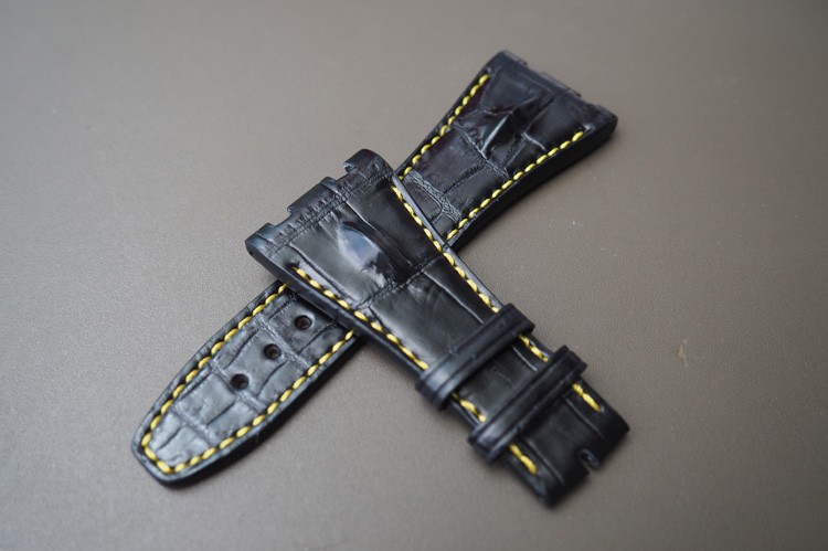 28x18 Black With Yellow Stitch Custom Handmade Alligator Crocodile Deployment Clasp Leather Strap Band For Audemars Piguet ROYAL OAK OFFSHORE 26170ST.OO.D305CR.01