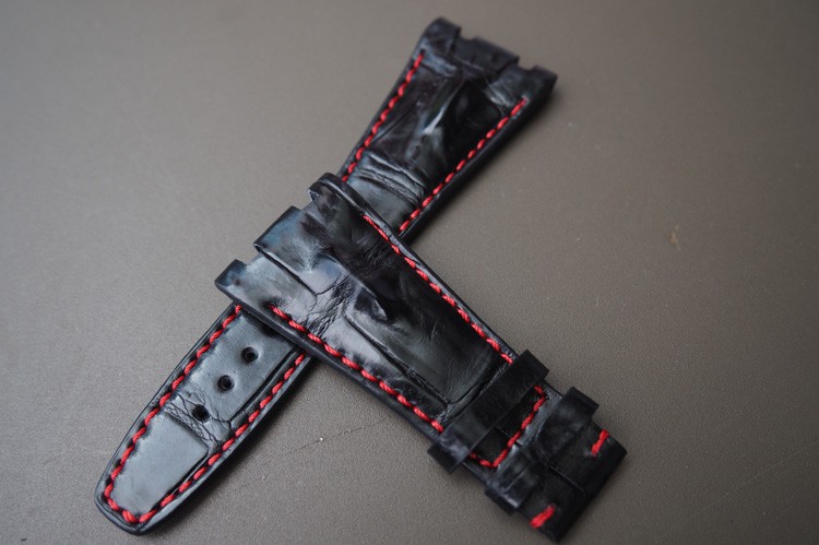 28mm Black With Red Stitch Bamboo Knot Custom Handmade Alligator Crocodile Deployment Clasp Leather Strap Band For Audemars Piguet ROYAL OAK OFFSHORE 25940SK.OO.D002CA.01