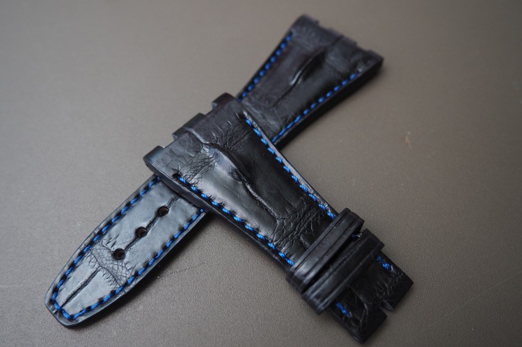28x18 Black With Blue Stitch And Back Horn Custom Handmade Bamboo Knot Alligator Crocodile Deployment Clasp Leather Strap Band For Audemars Piguet ROYAL OAK OFFSHORE 25940SK.OO.D002CA.01