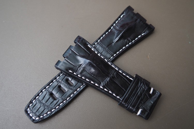 Back Horn Style Black With White Stitch Custom Handmade Alligator Crocodile Leather Strap Band For Audemars Piguet ROYAL OAK OFFSHORE.28x20 