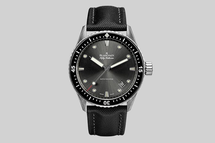 2022 New 23mm Black Nylon Surface and Calfskin Leather Strap Dark Blue and Grey Stitching for Blancpain FIFTY FATHOMS REF: 5000 1110 B52A