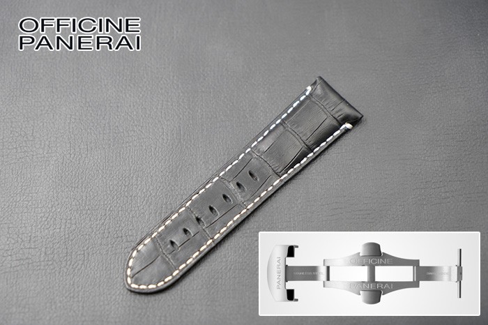 24mm black leather white stitched calfskin folding buckle strap for Panerai 