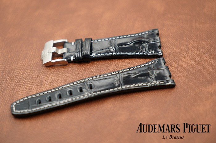 Audemars Piguet Top Edition Handmade 28mm Black Hornback White Stitch Custom Handmade Alligator Crocodile Tang Buckle Strap