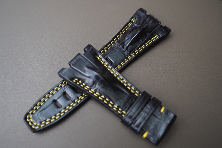 28x20 Black With Yellow Stitch Custom Handmade Alligator Crocodile Deployment Clasp Leather Strap Band For Audemars Piguet ROYAL OAK OFFSHORE