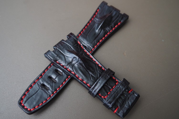 28mm Black With Red Stitch Custom Handmade Alligator Crocodile 20mm Tang Buckle Leather Strap Band For Audemars Piguet ROYAL OAK OFFSHORE